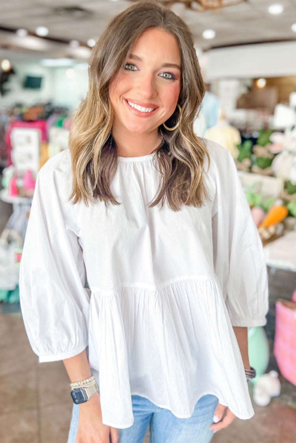 White Bow Knot Cutout Back Loose Fit 3/4 Sleeve Blouse - Love Salve